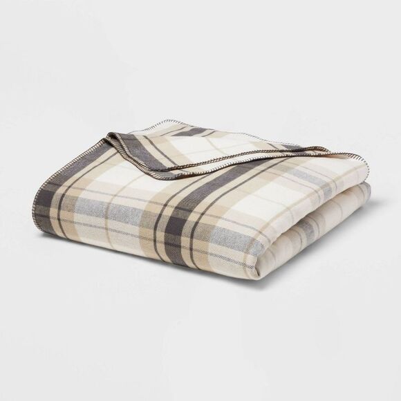 Threshold Other - Threshold - Full/Queen Brushed Cotton Blanket Neutral Plaid -  Neutral